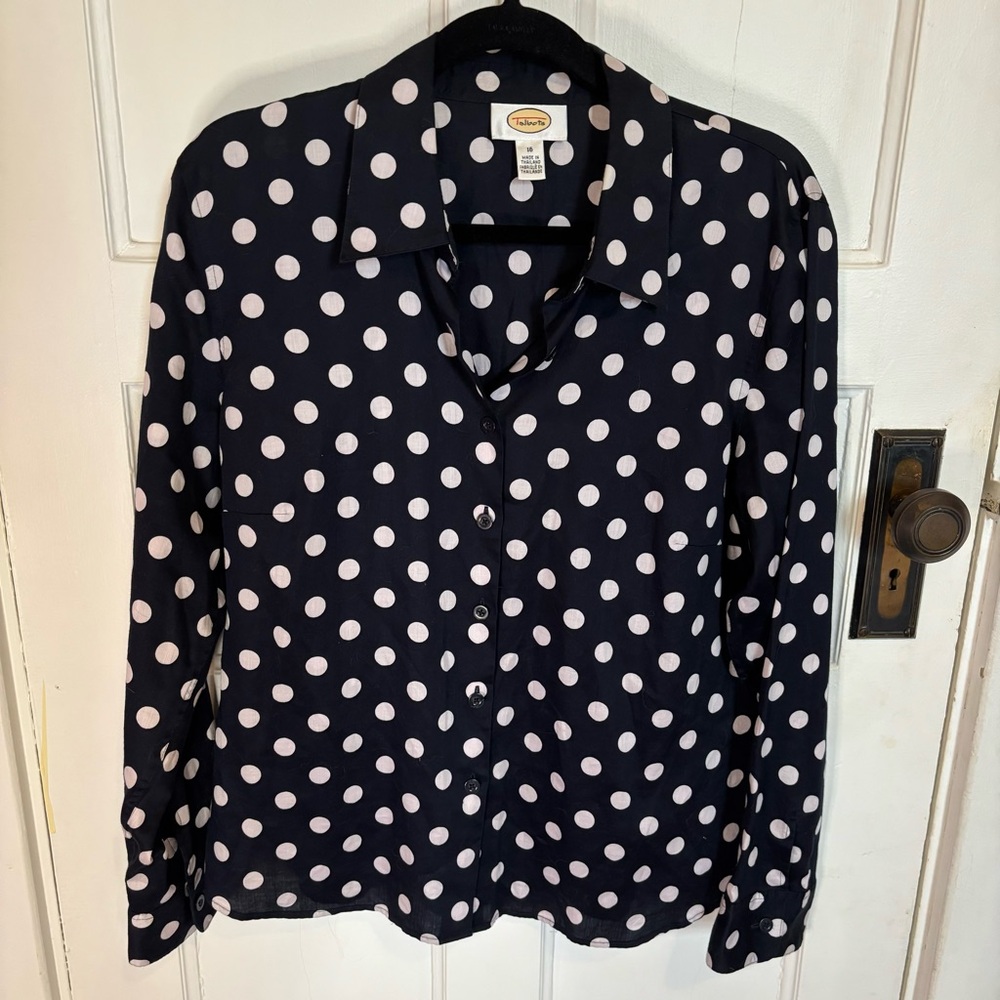 Talbots Long Sleeve Button Down Shirt Size 16 Black + White Polka Dots